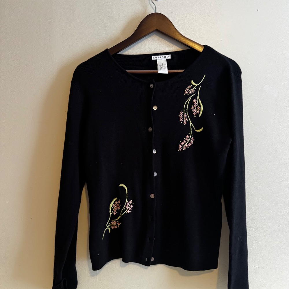 VTG Rosanna Women's Button Up Sweater Cotton Natural Fibers Embroidered Floral